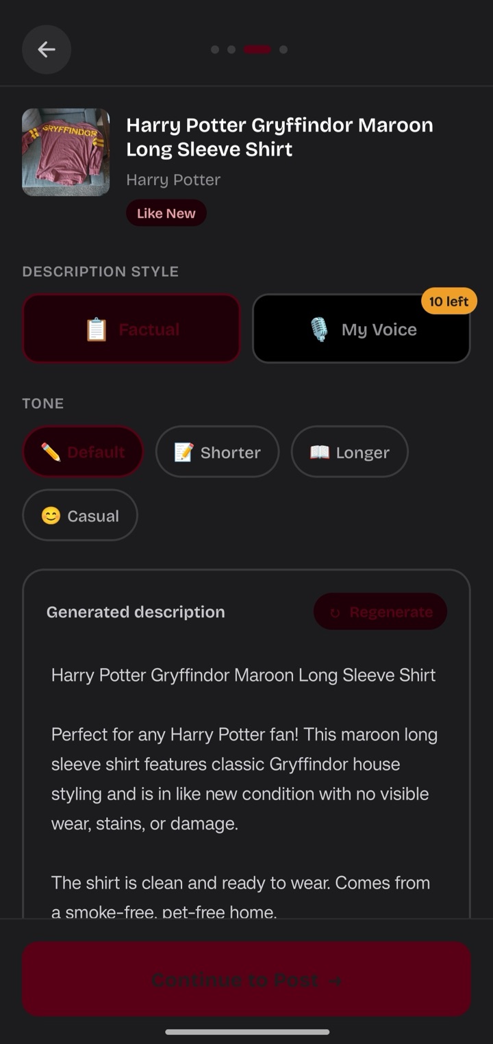 Thrifteaz AI-generated listing description in user's voice